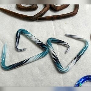 8g 1 pair of Large Teal, black & white Triangular glass Spirals gauged Earrings